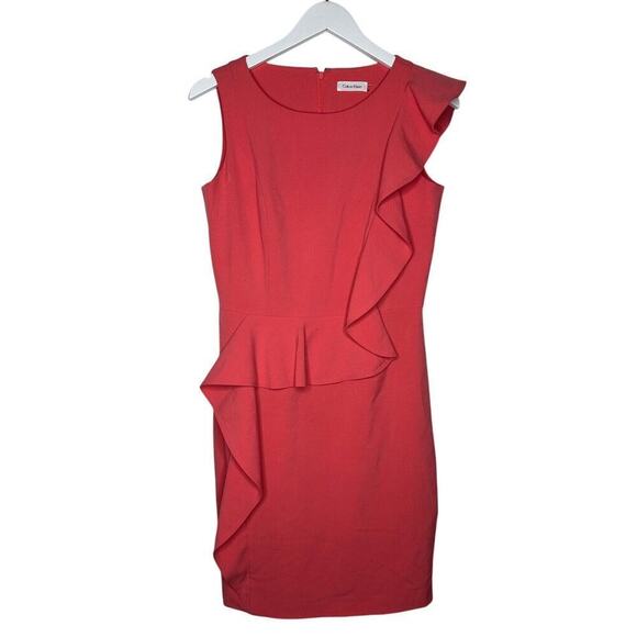 Calvin Klein Size 6 Ruffle Church Scuba Sheath Dress Peach Business Corporate - Picture 2 of 13